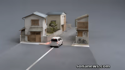 中央線のある道から線のない住宅街へ減速して入る白い車の概念模型