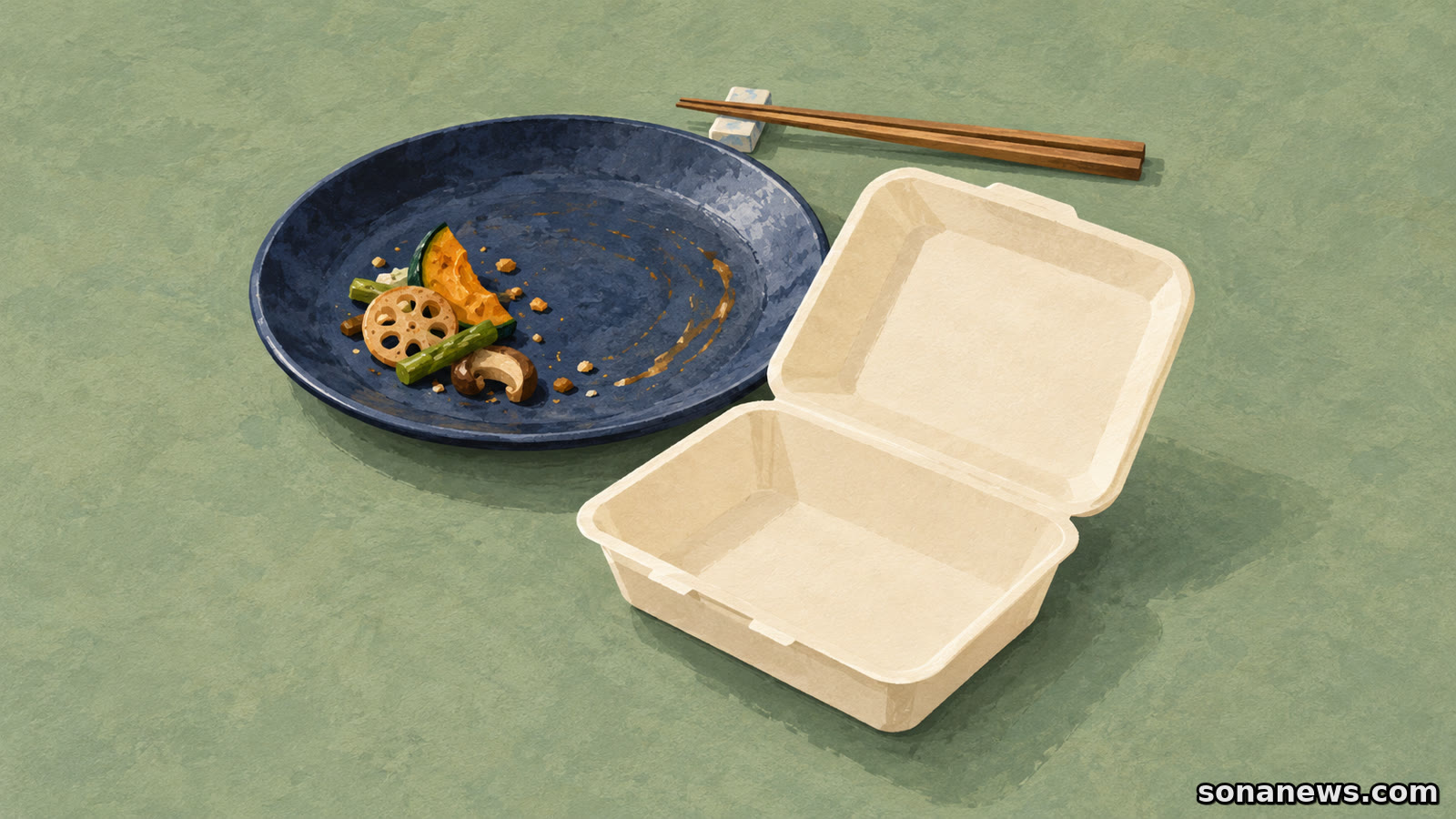 外食の食べ残しの持ち帰りを考える場面を表す、少量の料理が残る藍色の皿と、ふたを開けた空の容器の概念イラスト