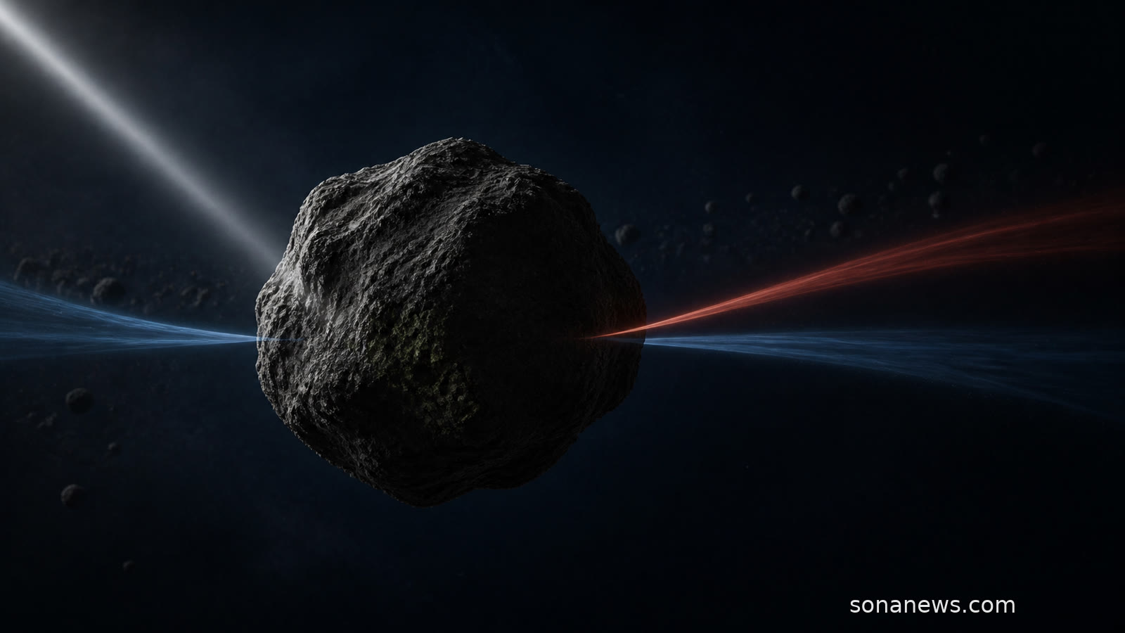 暗い小惑星を横切る青と赤の光が、C型とX型の中間スペクトルを表す概念図