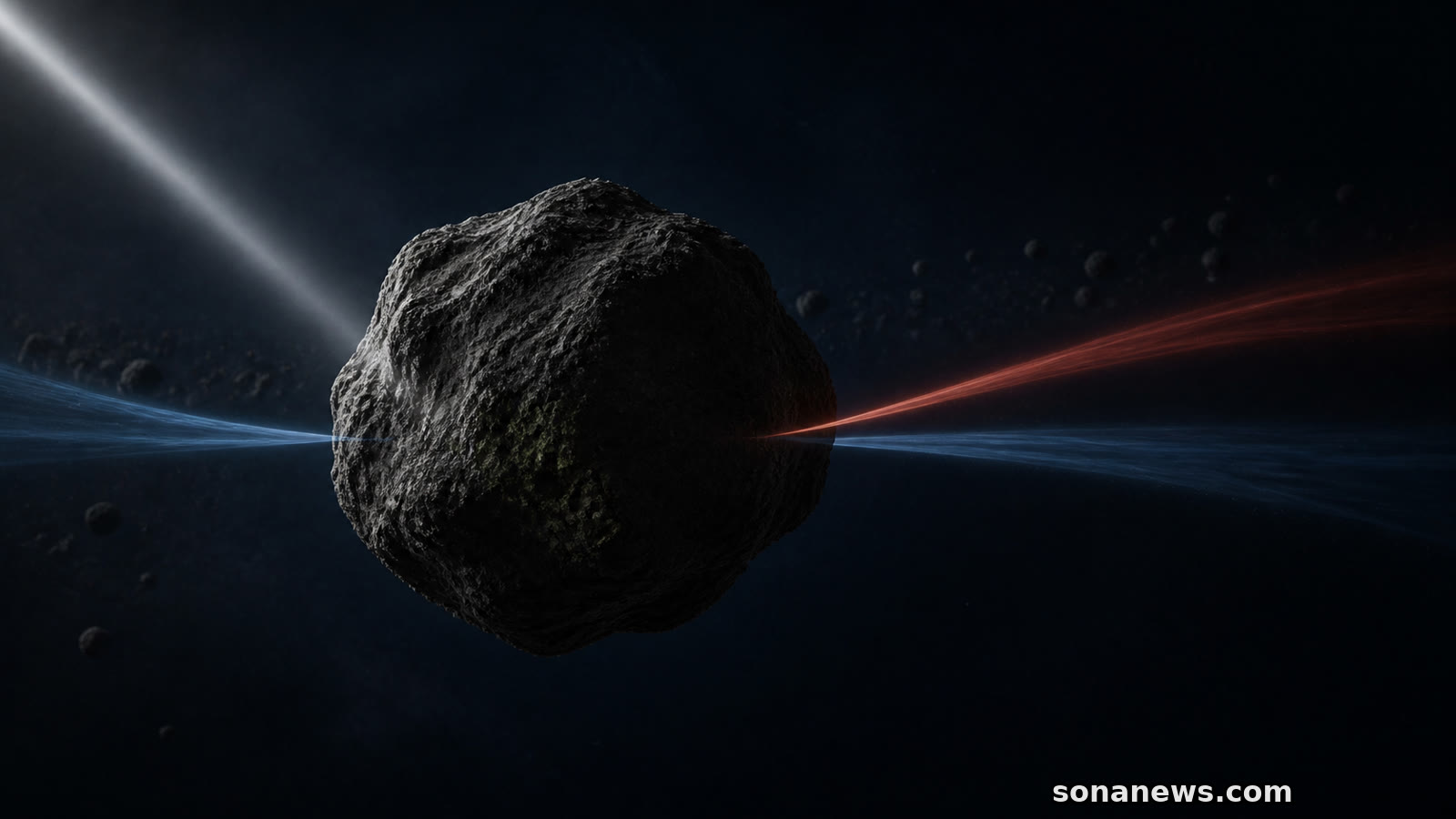 暗い小惑星を横切る青と赤の光が、C型とX型の中間スペクトルを表す概念図