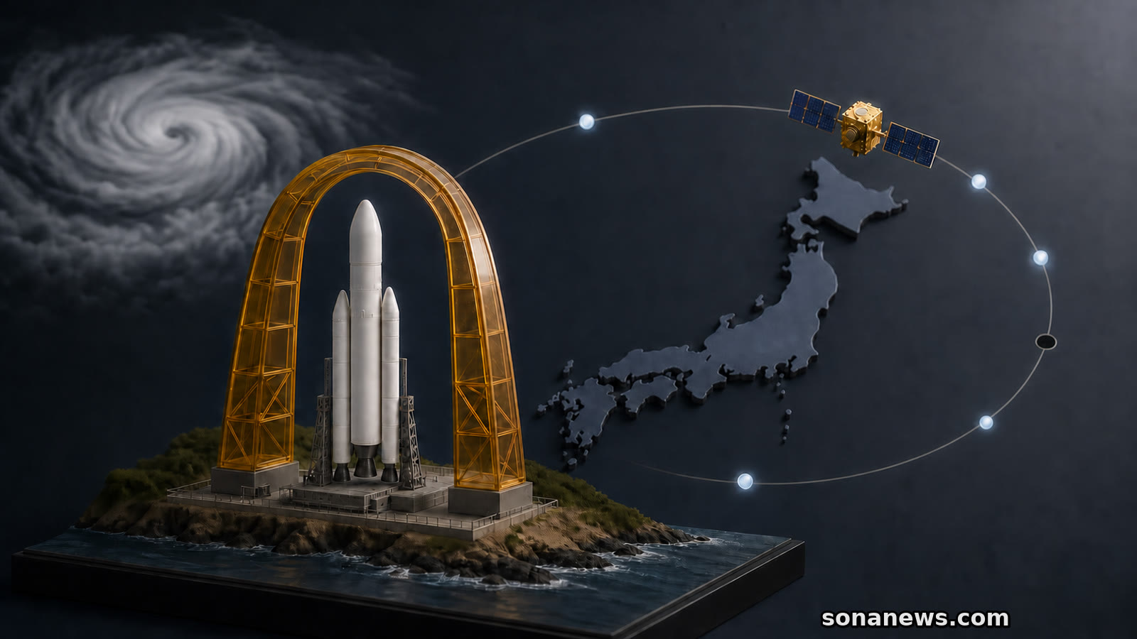 停止ゲート内のH3型ロケットと、日本上空のみちびき衛星・7機軌道を表す模型