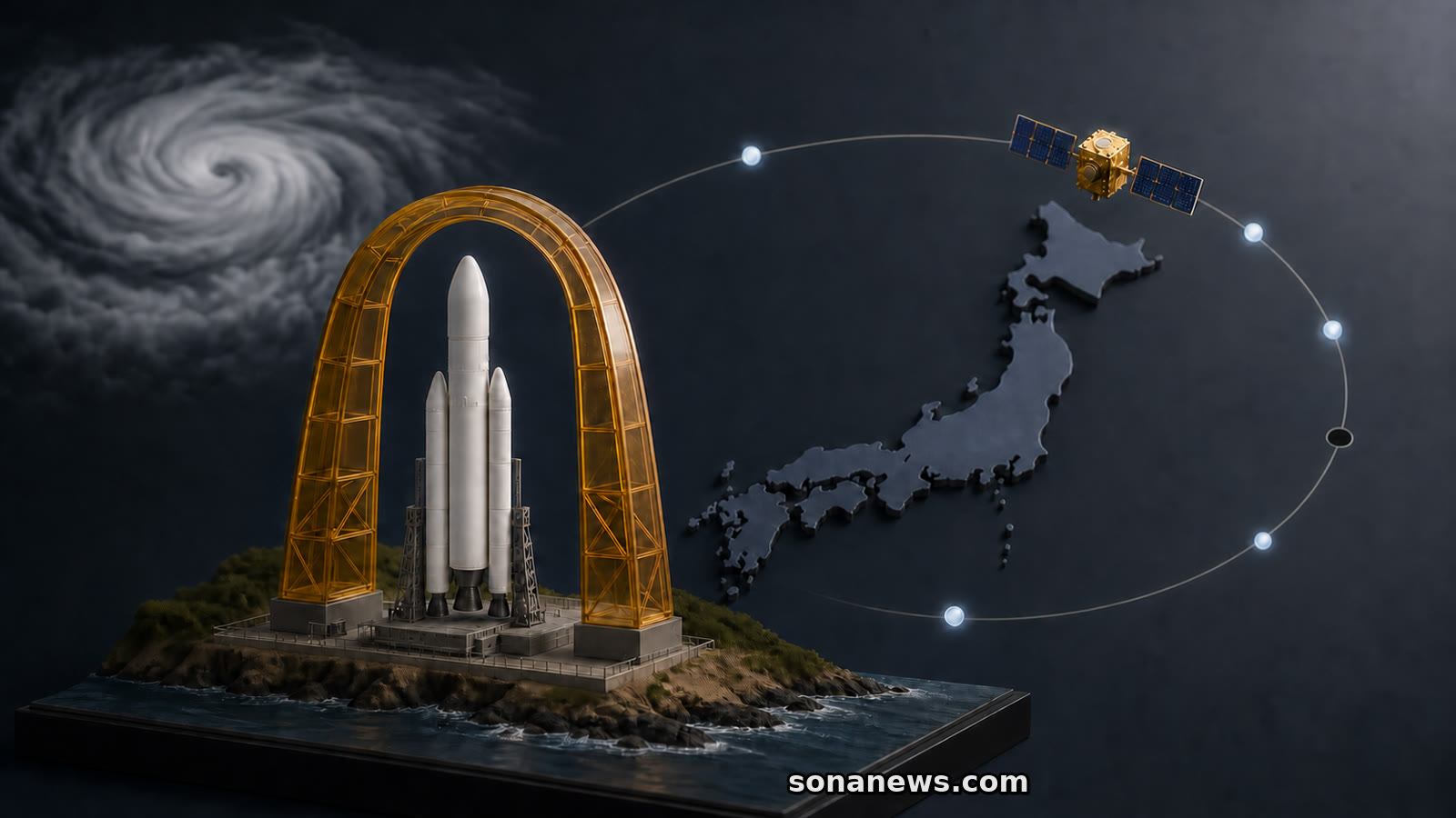 停止ゲート内のH3型ロケットと、日本上空のみちびき衛星・7機軌道を表す模型