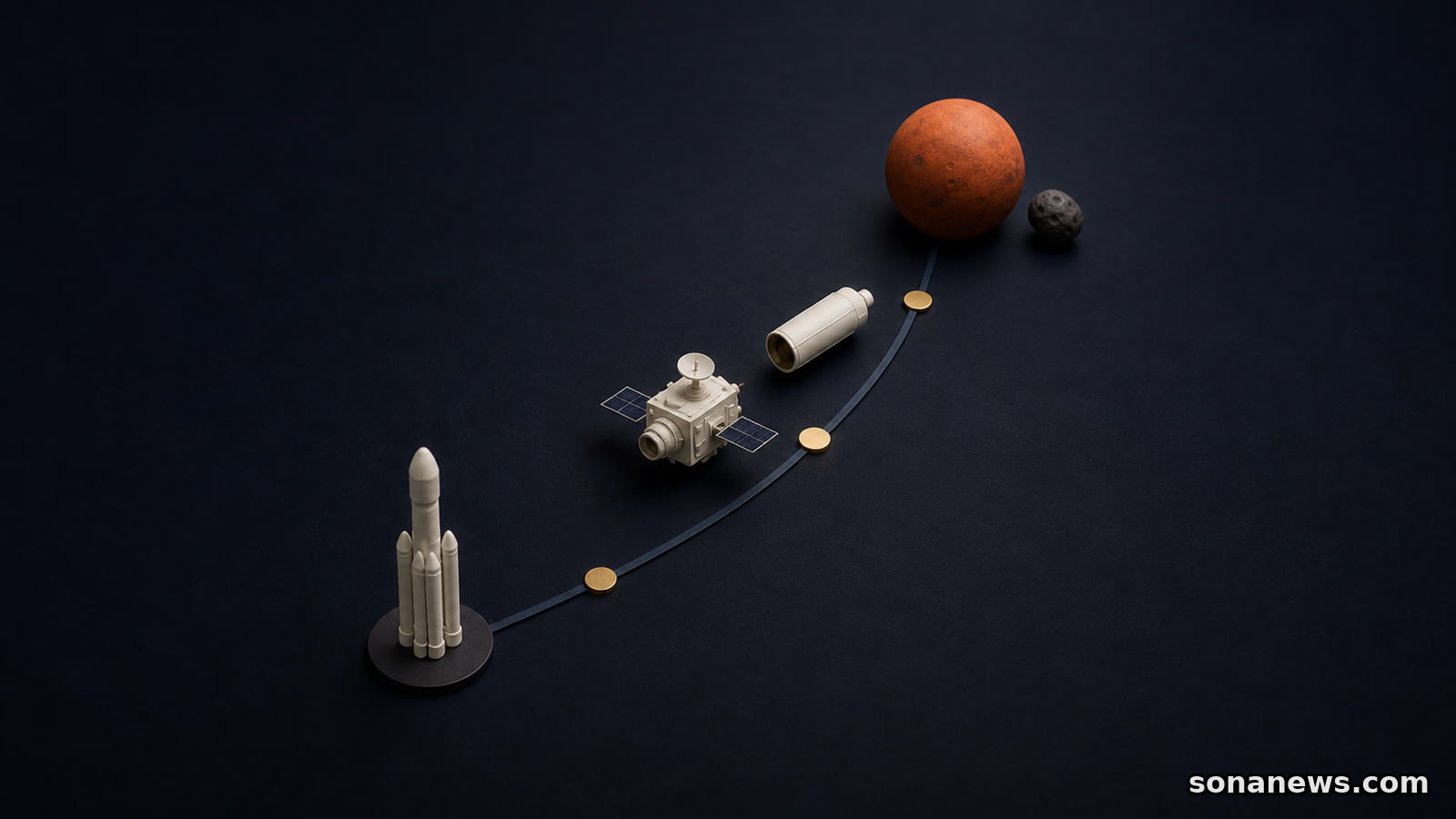 H3型の模型から探査機を分離し、火星とフォボスへ続く経路を示す概念模型
