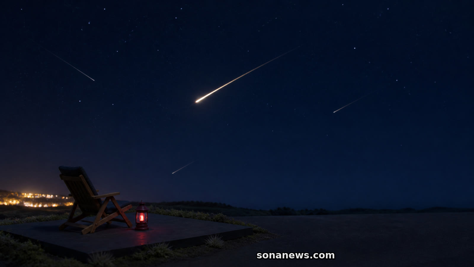 暗い空を横切る流星と、椅子・赤色灯を置いた観察場所の概念模型