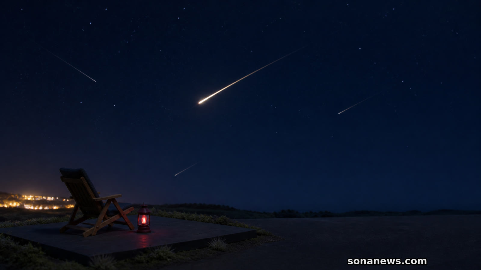 暗い空を横切る流星と、椅子・赤色灯を置いた観察場所の概念模型