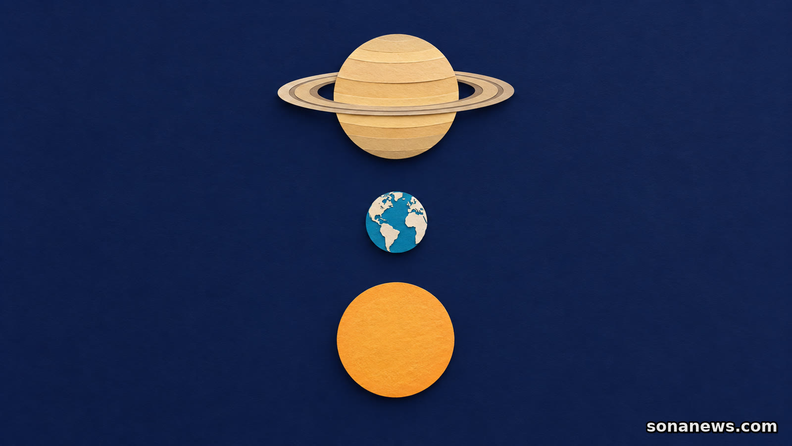 土星の衝を説明する、金色の環のある土星と橙色の太陽の間に青い地球を置いた紙の模型