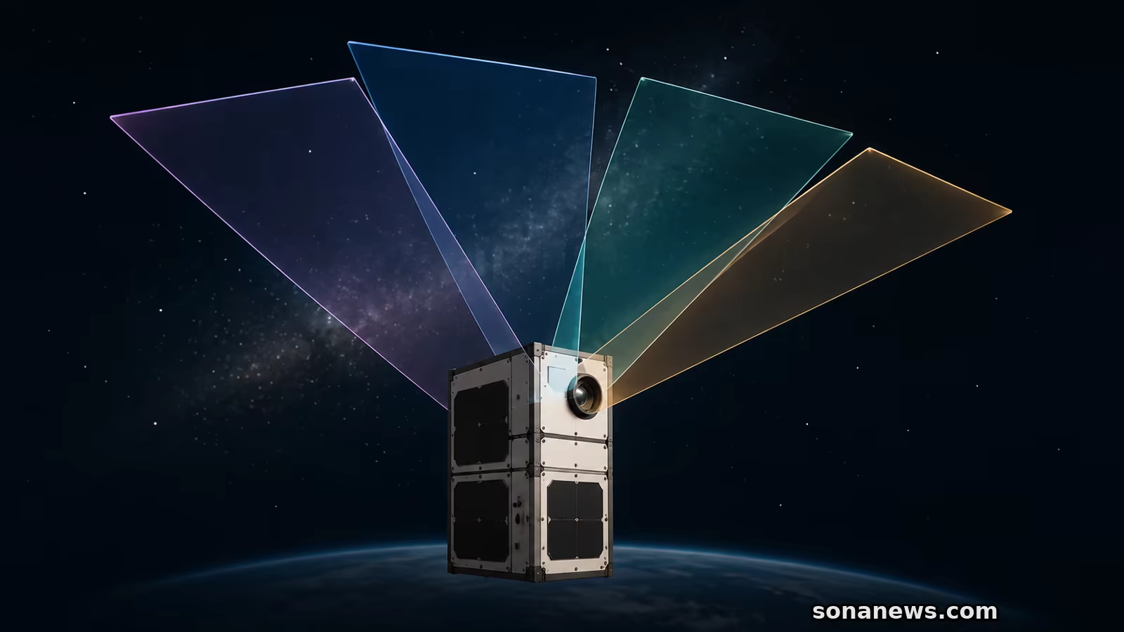 4色の広視野観測を表す小型衛星VERTECSの概念模型