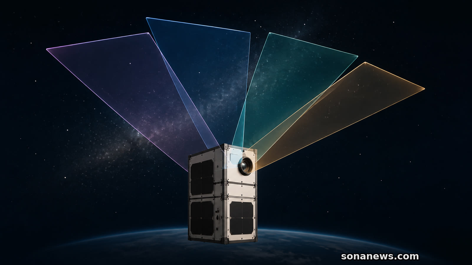 4色の広視野観測を表す小型衛星VERTECSの概念模型