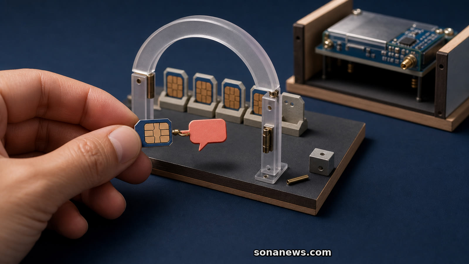 開いた確認ゲートの前で、SMS吹き出し付きのSIM模型を持つ手