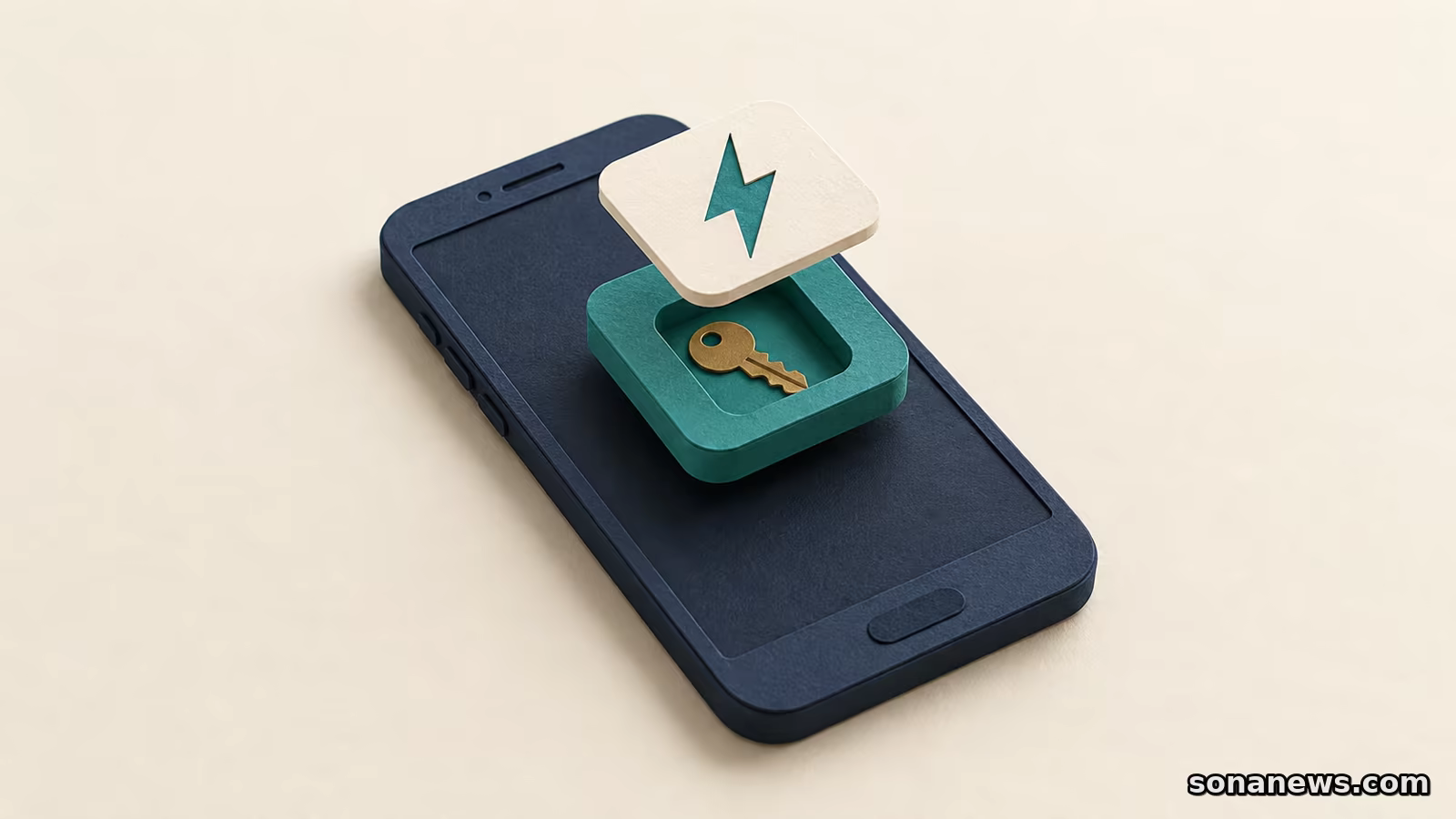 電気料金アプリの暗号鍵を表す、スマートフォンの紙模型と、鍵を収めた青緑のタイル、稲妻模様の白いふたの概念イラスト