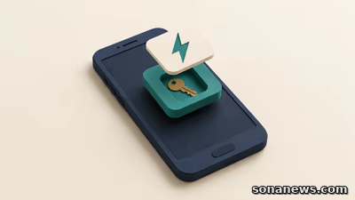 電気料金アプリの暗号鍵を表す、スマートフォンの紙模型と、鍵を収めた青緑のタイル、稲妻模様の白いふたの概念イラスト