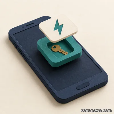 電気料金アプリの暗号鍵を表す、スマートフォンの紙模型と、鍵を収めた青緑のタイル、稲妻模様の白いふたの概念イラスト