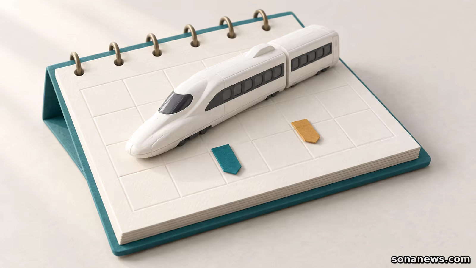 新幹線の事前予約を表す、日付のない卓上カレンダーに置いた白い列車模型と、離れた位置の青緑色と黄土色のしおり