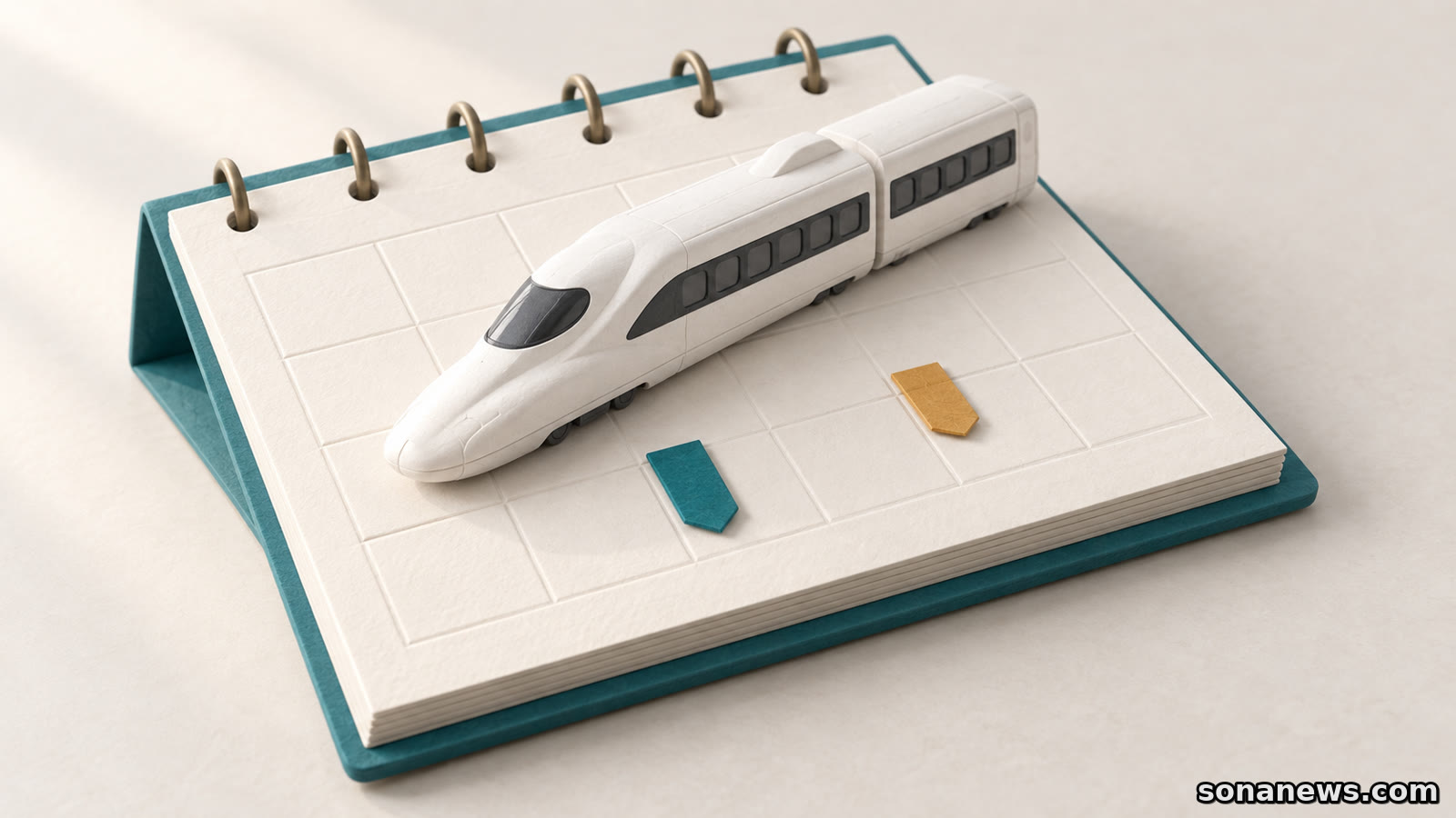 新幹線の事前予約を表す、日付のない卓上カレンダーに置いた白い列車模型と、離れた位置の青緑色と黄土色のしおり