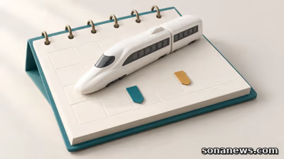 新幹線の事前予約を表す、日付のない卓上カレンダーに置いた白い列車模型と、離れた位置の青緑色と黄土色のしおり