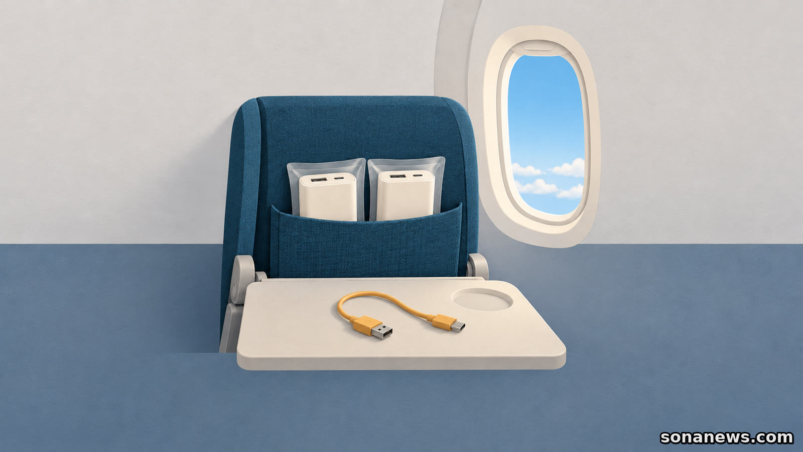 飛行機の座席ポケットに個別の透明な袋で保護した2個のモバイルバッテリーを収め、手前のテーブルに未接続のケーブルを置いたイラスト