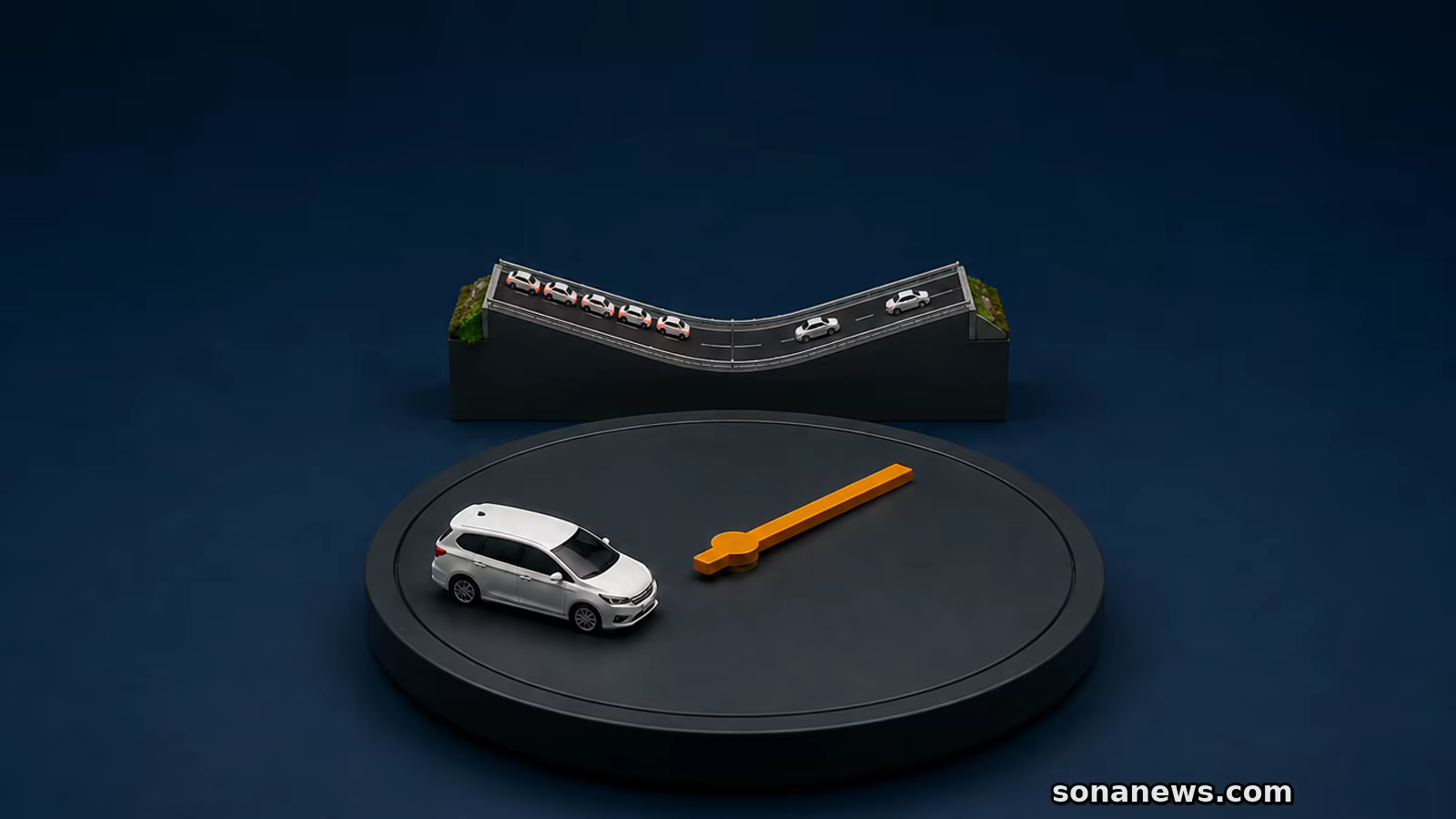 出発時刻のダイヤルと高速道路のサグ部に並ぶ車列を表した概念模型