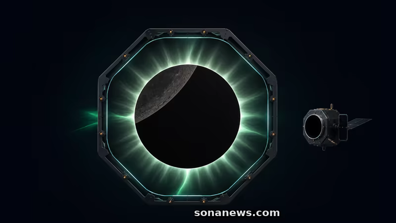 연녹색 코로나를 두른 검은 인공 엄폐 원 위로 질감 있는 달 가장자리가 겹치고 오른쪽에 코로나그래프 위성이 놓인 개념도