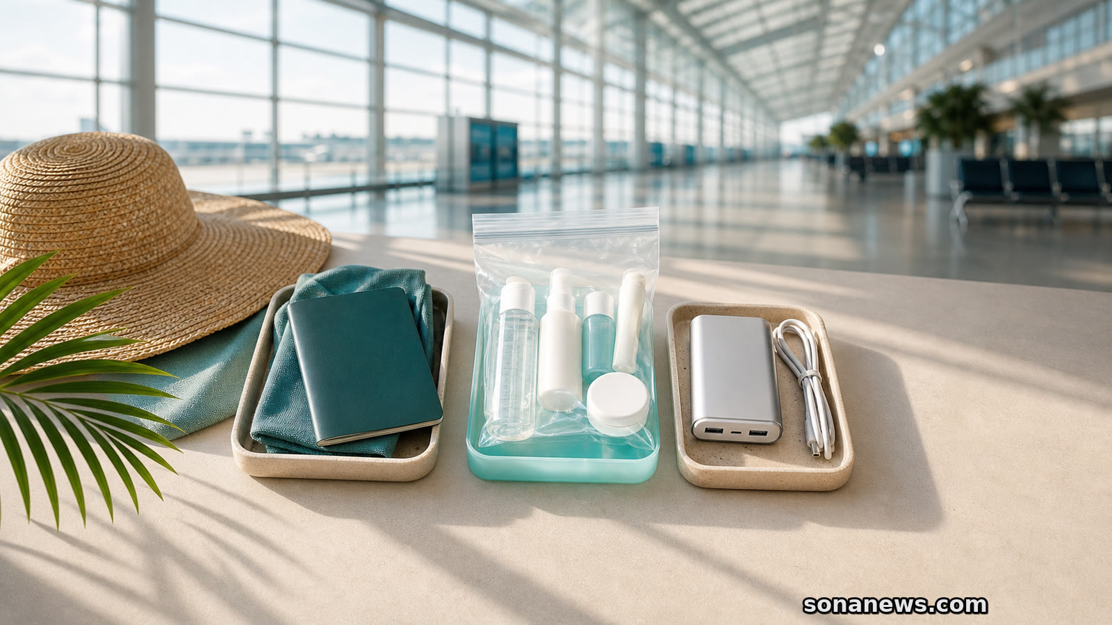 여권과 투명 액체류 봉투, 보조배터리를 나눈 공항 출발 준비대
