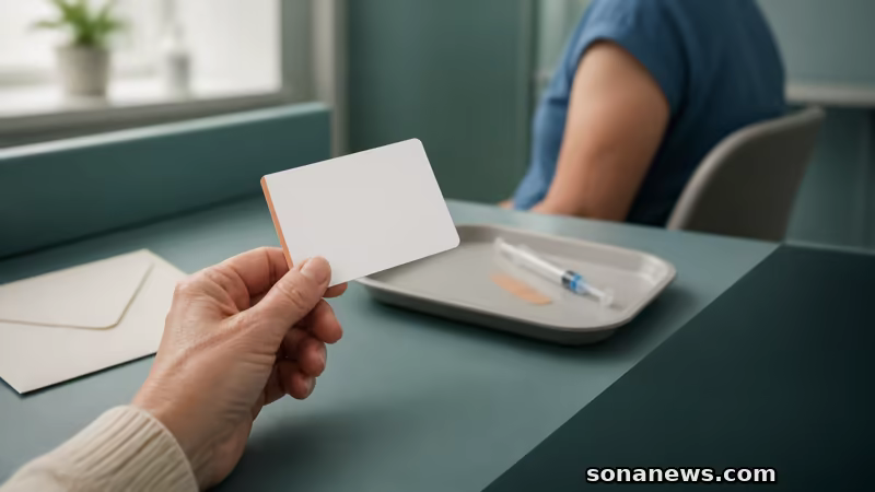 Oudere hand houdt een blanco afsprakenkaart bij een vaccinatiestation, met uitnodigingsenvelop, spuit en pleister in beeld.