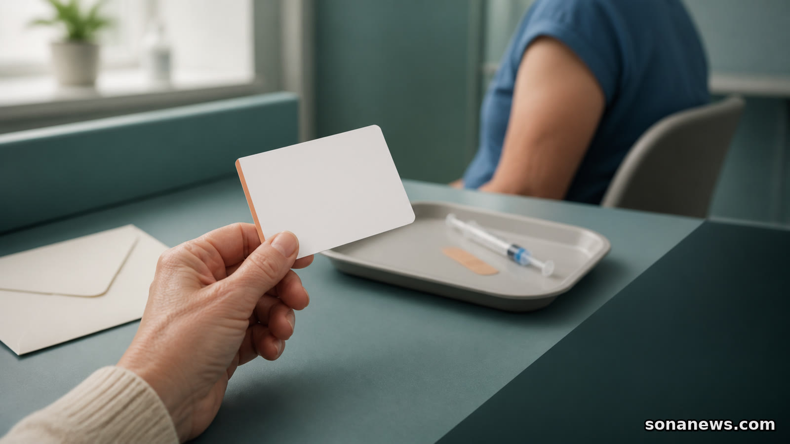 Oudere hand houdt een blanco afsprakenkaart bij een vaccinatiestation, met uitnodigingsenvelop, spuit en pleister in beeld.