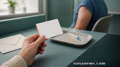 Oudere hand houdt een blanco afsprakenkaart bij een vaccinatiestation, met uitnodigingsenvelop, spuit en pleister in beeld.