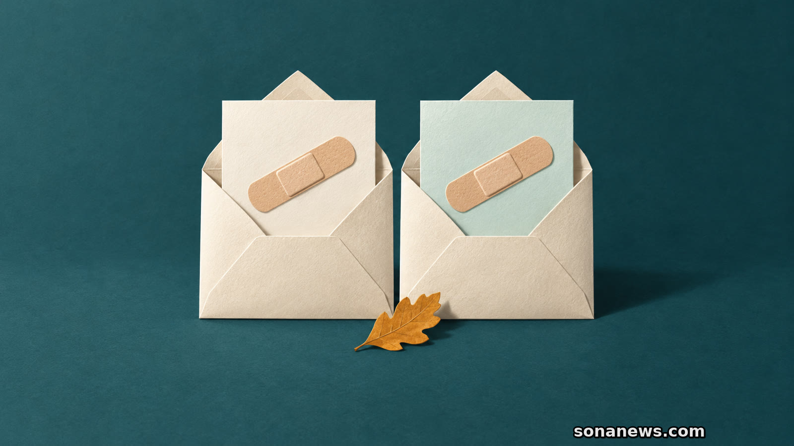 Twee blanco uitnodigingsenveloppen met elk een pleister en een herfstblad, als illustratie bij de griepprik en pneumokokkenprik.