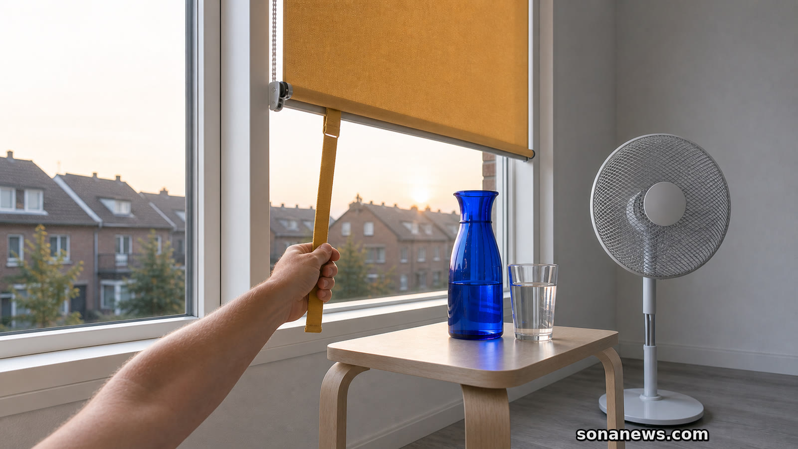 Hand sluit okerkleurige zonwering bij een Nederlands raam terwijl water en een ventilator klaarstaan voor de landelijke hittewaarschuwing.