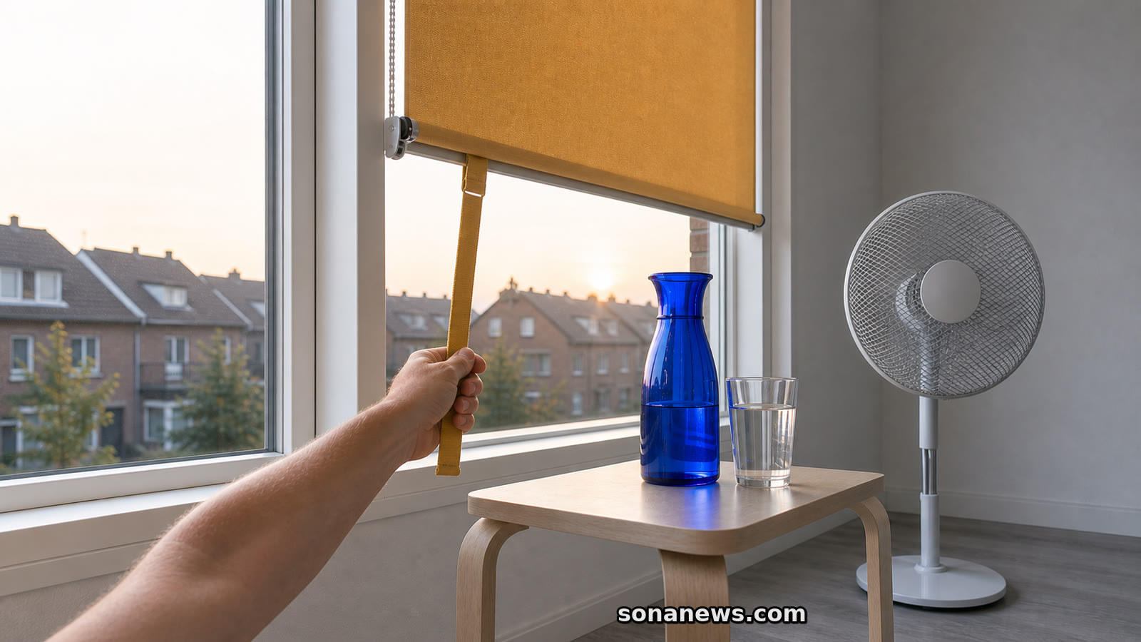 Hand sluit okerkleurige zonwering bij een Nederlands raam terwijl water en een ventilator klaarstaan voor de landelijke hittewaarschuwing.