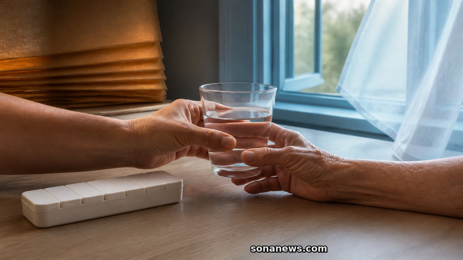 Twee handen geven een glas water door naast een medicijndoos en open raam na het einde van het Nationaal Hitteplan.
