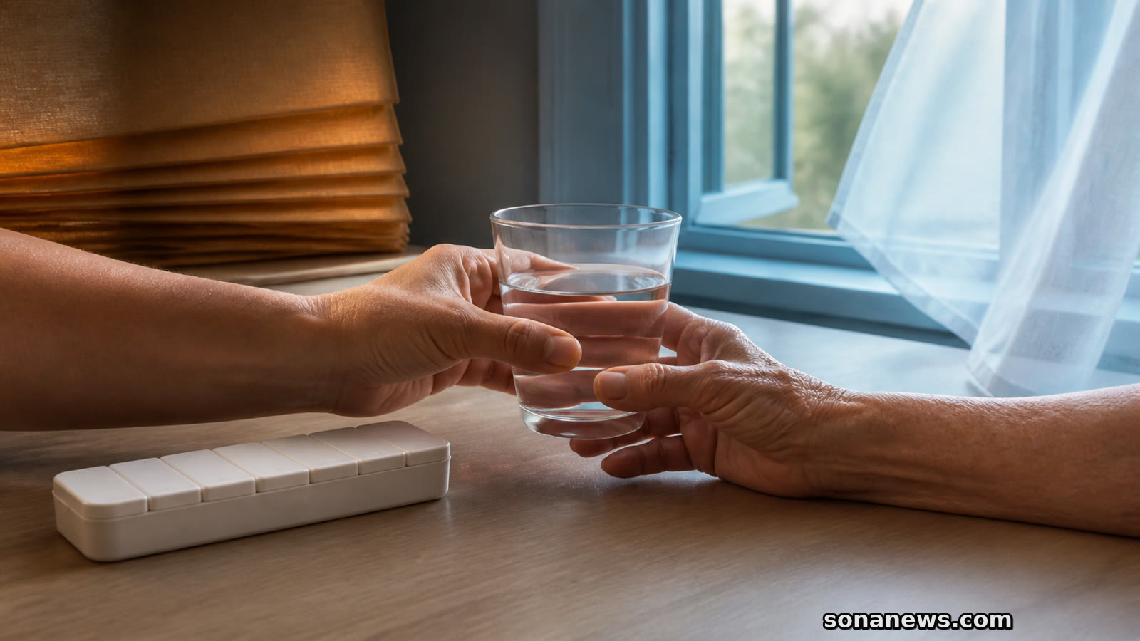 Twee handen geven een glas water door naast een medicijndoos en open raam na het einde van het Nationaal Hitteplan.