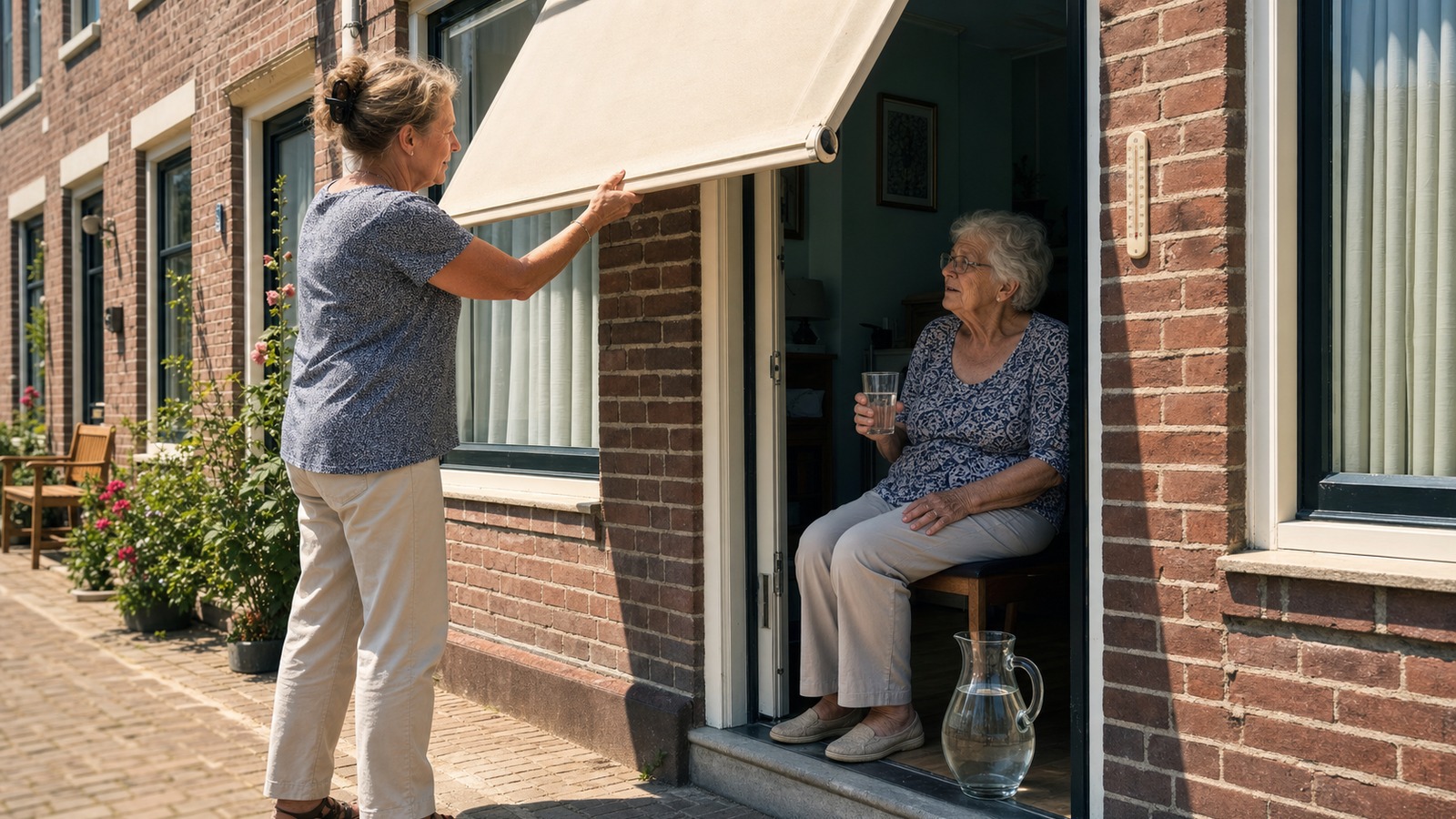 Oudere vrouw met een glas water in de koele schaduw van een Nederlandse woning, terwijl een buur de zonwering sluit en een kan water neerzet.