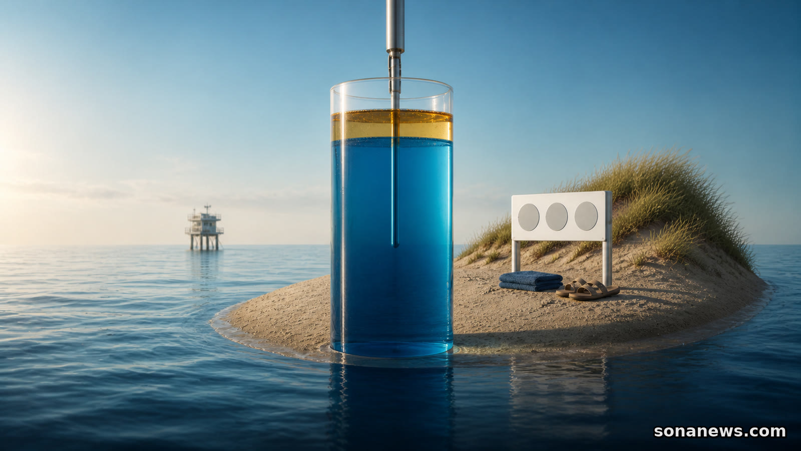 Conceptuele Noordzee-meetkern met warme bovenlaag tussen een offshore platform en een afzonderlijk controlepunt op het strand.