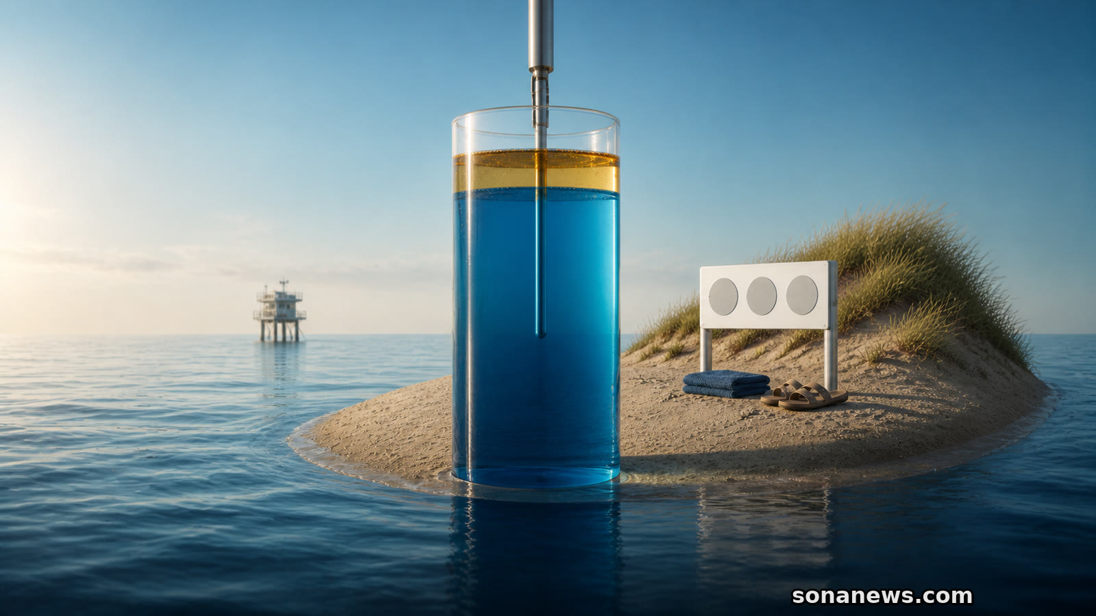Conceptuele Noordzee-meetkern met warme bovenlaag tussen een offshore platform en een afzonderlijk controlepunt op het strand.