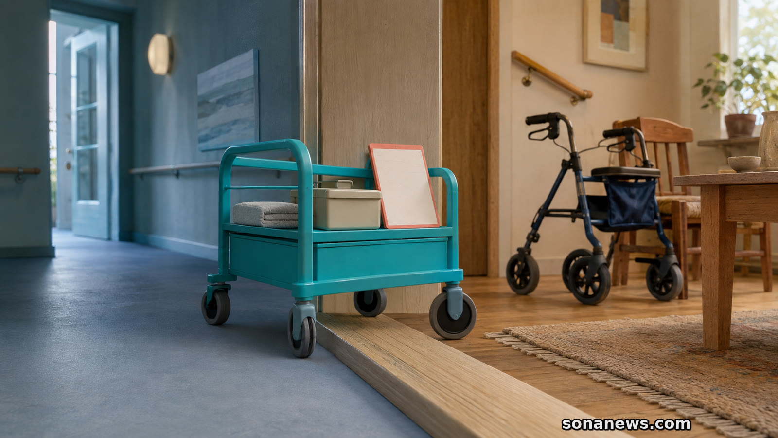 Conceptuele zorgkar rolt over een huisdrempel naar een rollator en blanco zorgplanmap in een warme woonruimte.