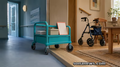 Conceptuele zorgkar rolt over een huisdrempel naar een rollator en blanco zorgplanmap in een warme woonruimte.