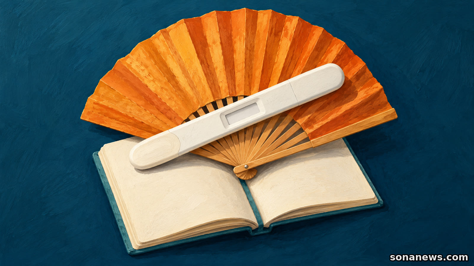 Wit teststaafje met leeg venster op een oranje waaier en een open, blanco notitieboek, als illustratie bij thuistests voor de overgang.