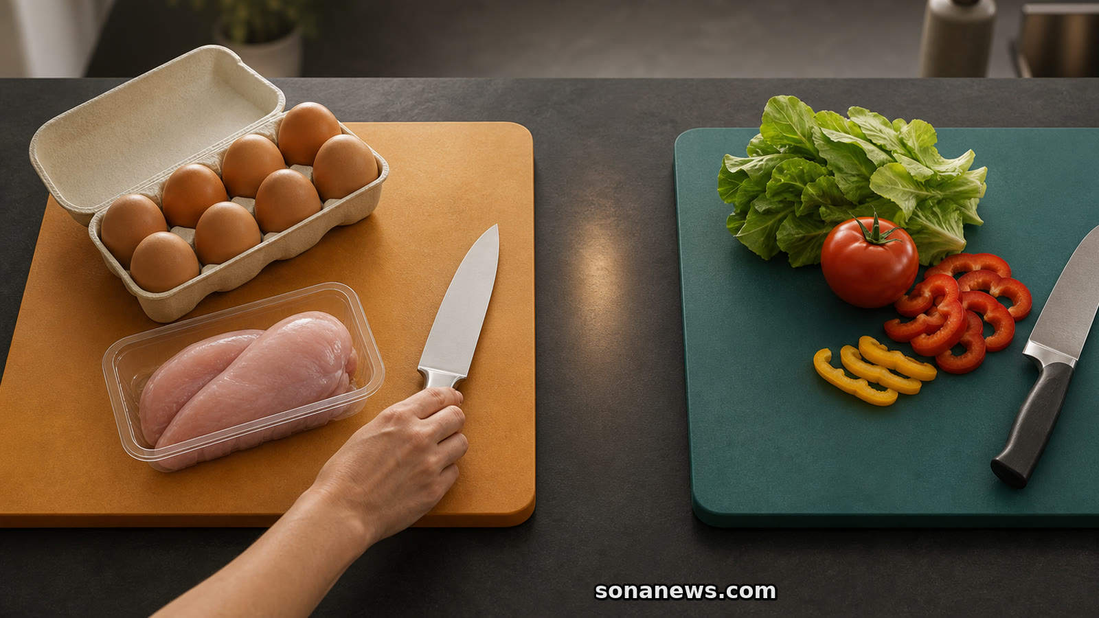 Hand houdt eieren en rauwe kip op een aparte snijplank, gescheiden van salade tijdens het RIVM-salmonellaonderzoek.