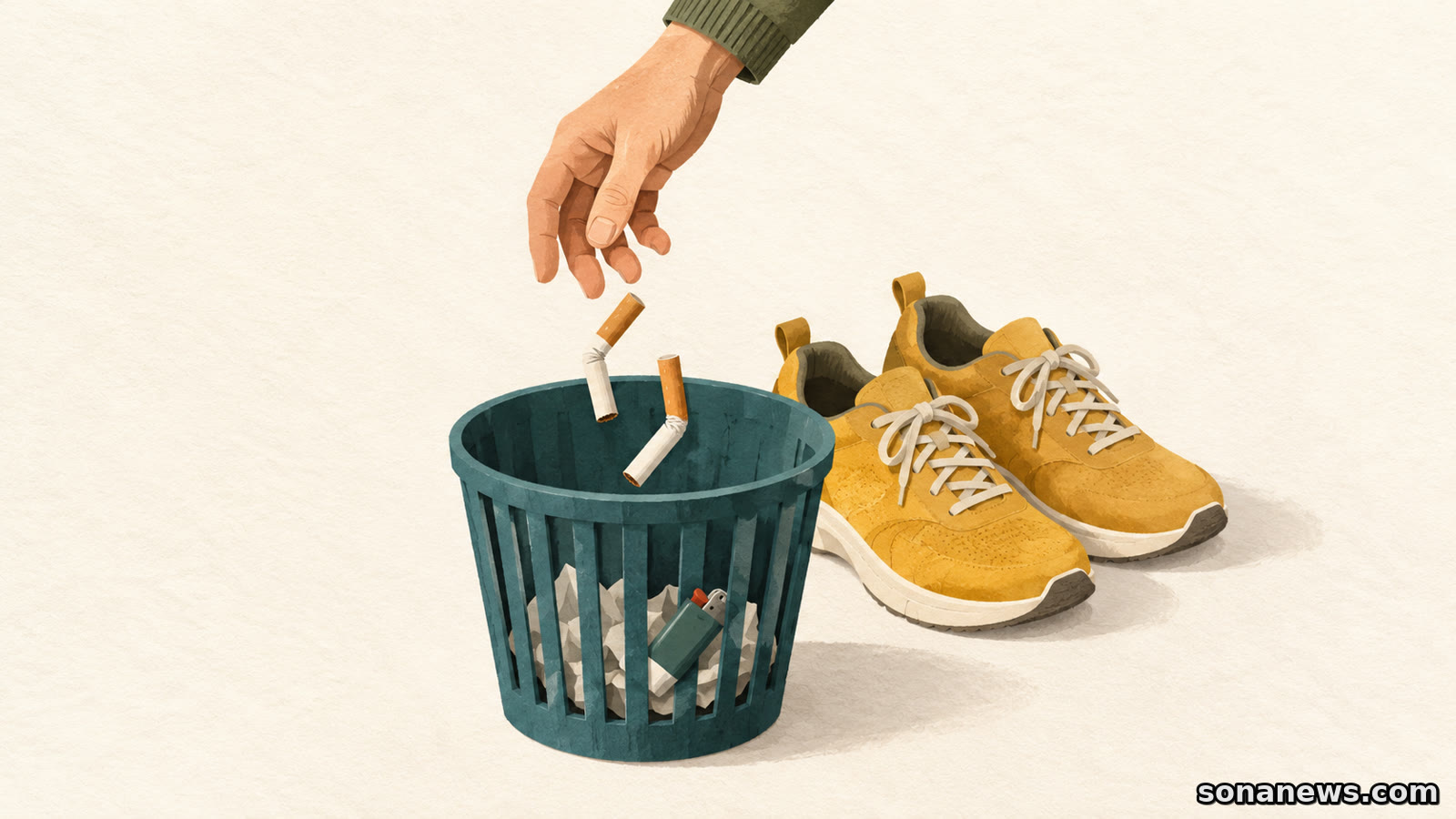 Een hand gooit sigaretten in een prullenbak naast wandelschoenen, als illustratie van rookwaar opruimen en een vervangende routine tijdens Stoptober.
