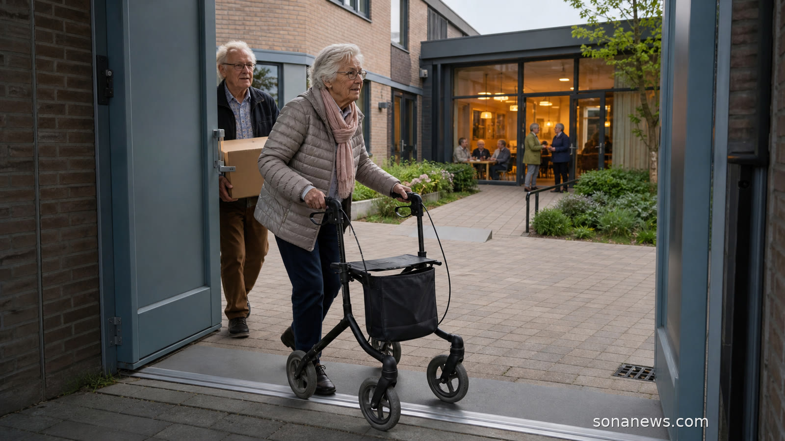 Oudere vrouw met rollator passeert een drempelloze brede ingang van geclusterde ouderenwoningen rond een Nederlandse binnentuin.
