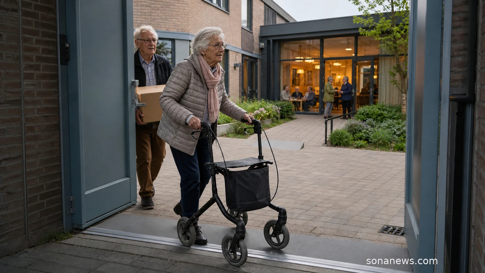Oudere vrouw met rollator passeert een drempelloze brede ingang van geclusterde ouderenwoningen rond een Nederlandse binnentuin.