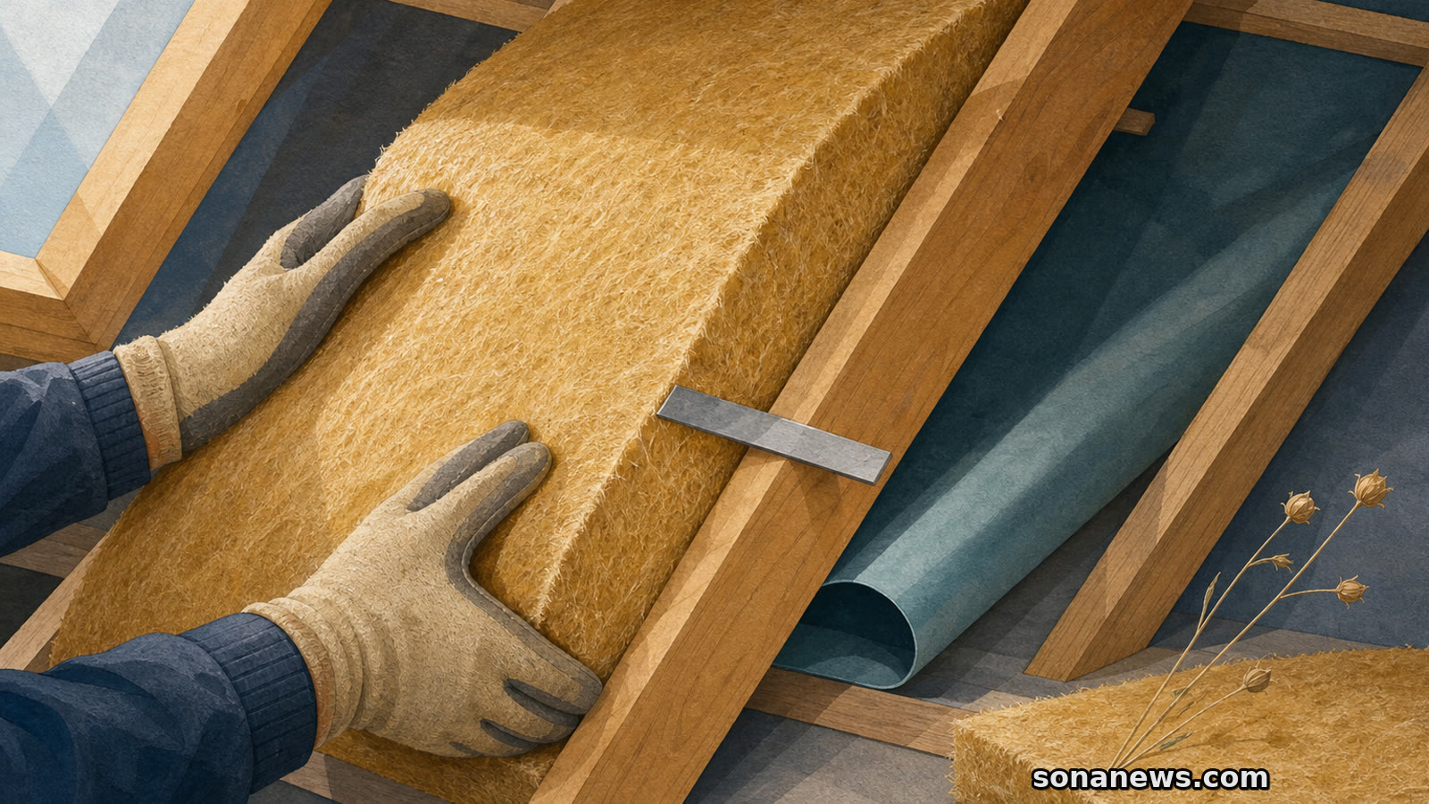 Isolatiemonteur past een goudkleurige vlasvezeldeken tussen houten daksporen en controleert de dikte naast een opgerolde dampremmende laag.