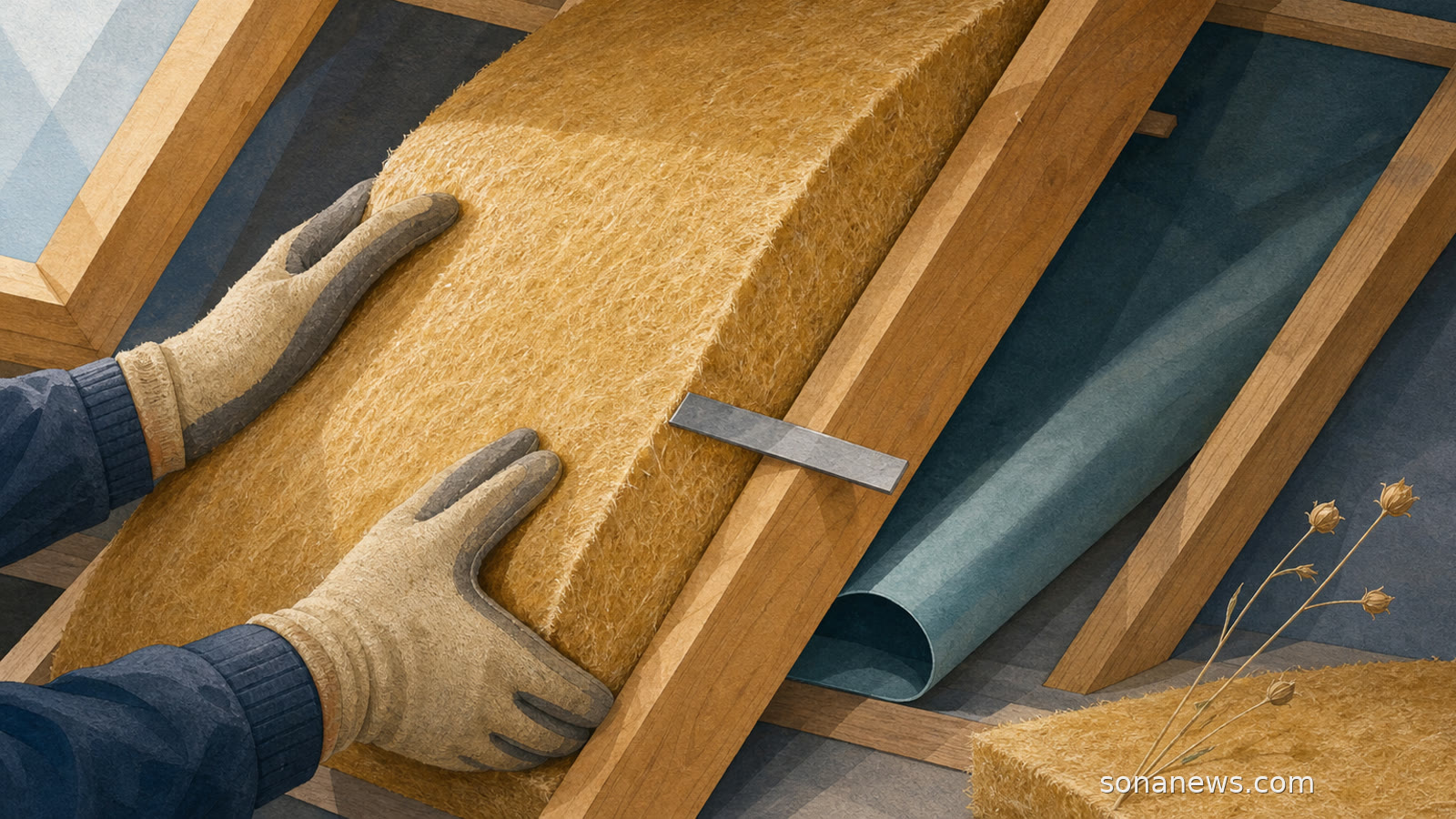 Isolatiemonteur past een goudkleurige vlasvezeldeken tussen houten daksporen en controleert de dikte naast een opgerolde dampremmende laag.