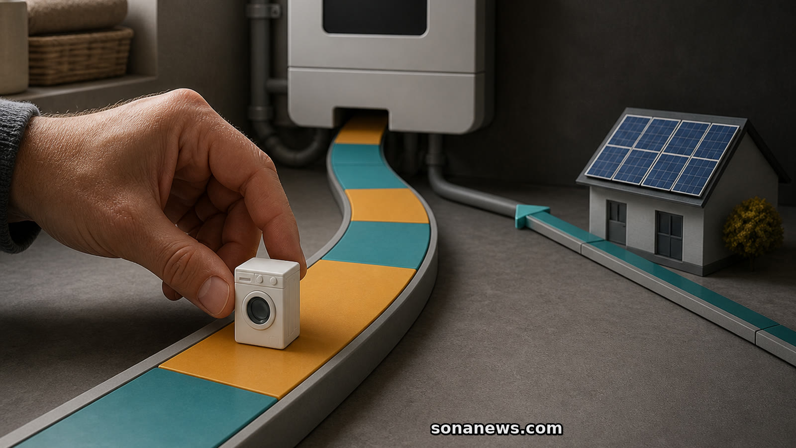 Hand kiest een tijdvak voor een wasmachinemodel bij een slimme meter en zonnepanelen, als beeld voor een dynamisch energiecontract.