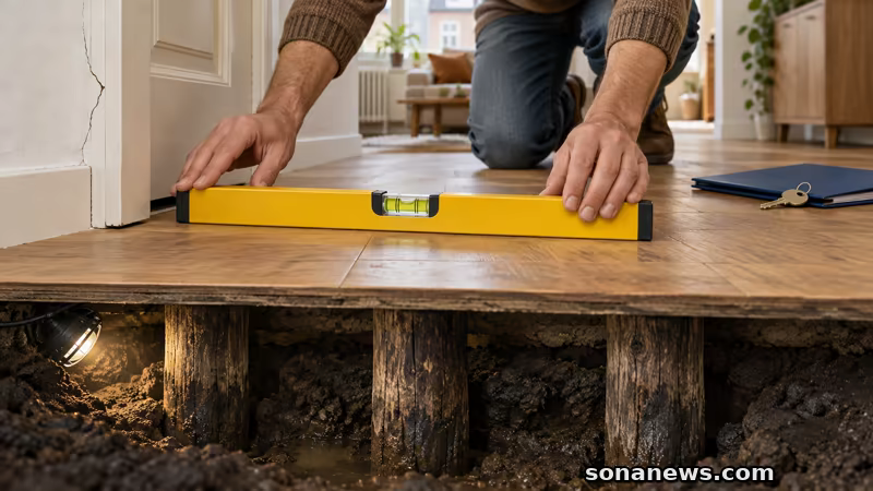 Bewoner legt gele waterpas op houten vloer boven conceptuele doorsnede van oude funderingspalen.