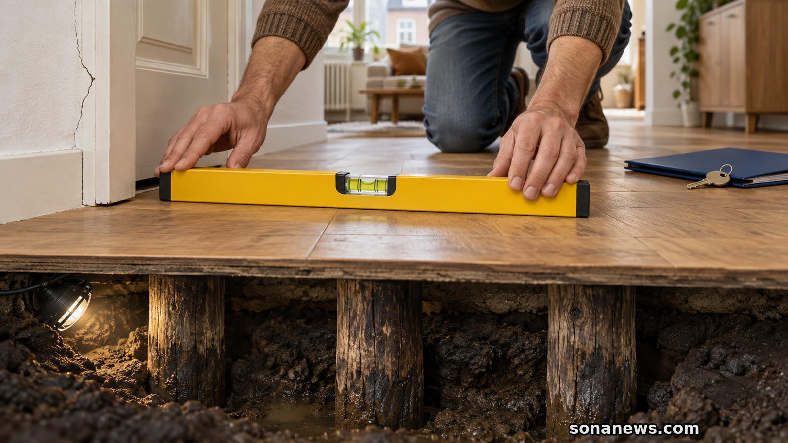 Bewoner legt gele waterpas op houten vloer boven conceptuele doorsnede van oude funderingspalen.