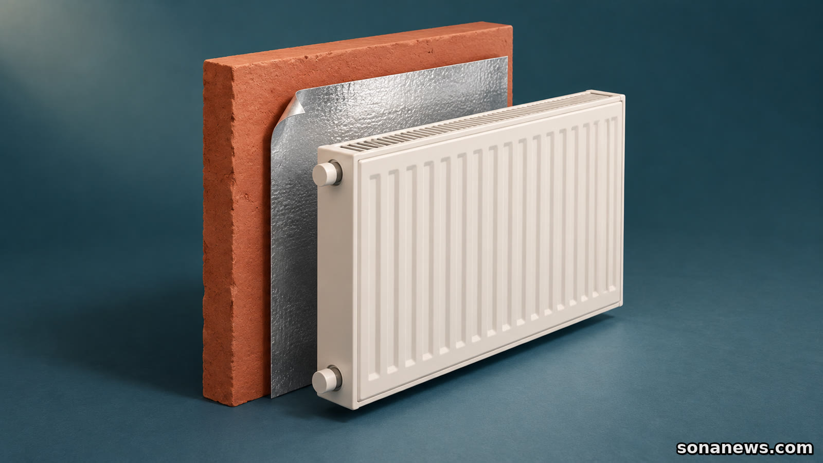 Illustratief model van een witte radiator met zilverkleurige radiatorfolie tussen de achterkant en een terracottakleurig muursegment.