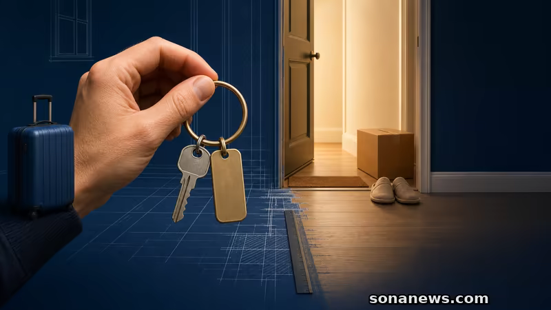 Hand houdt huissleutel en blanco logiestag tussen koffer, verhuisdoos en een half getekende woningdrempel.