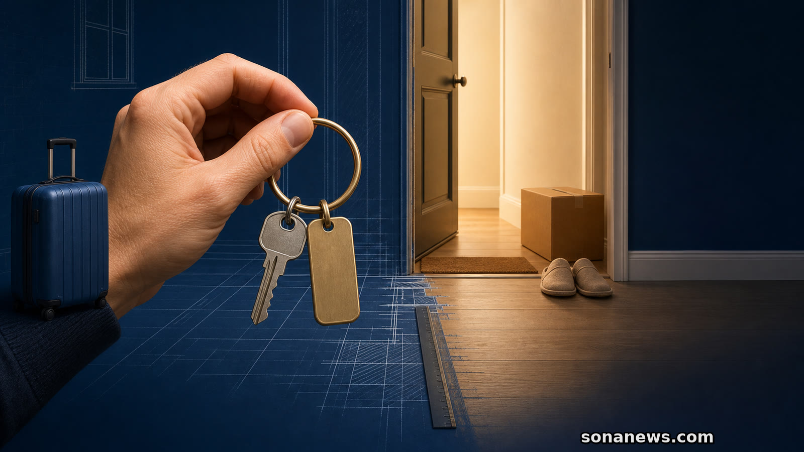 Hand houdt huissleutel en blanco logiestag tussen koffer, verhuisdoos en een half getekende woningdrempel.