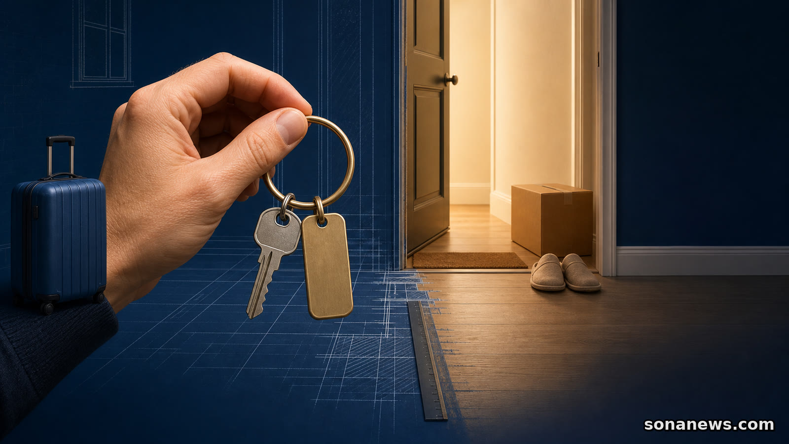Hand houdt huissleutel en blanco logiestag tussen koffer, verhuisdoos en een half getekende woningdrempel.